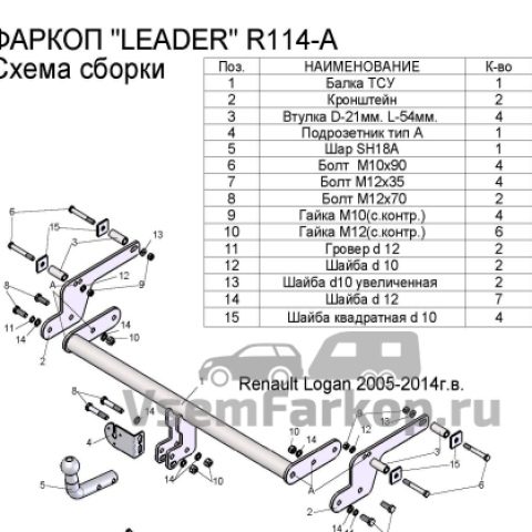 Фаркоп Лидер Плюс R114A Dacia Logan 2005